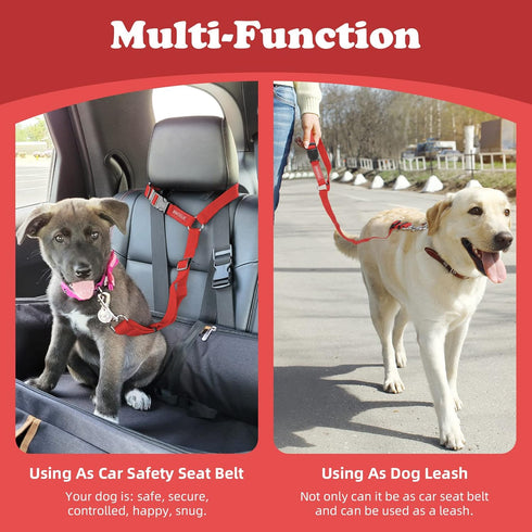 BWOGUE 2 Packs Adjustable Dog Cat Safety Seat Belt Strap Restraint for Vehicle, Nylon Fabric Harness Red