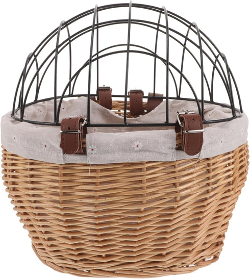 Puppy Bike Carrier Handwoven Wicker Pet Basket with Straps for Dog Cat