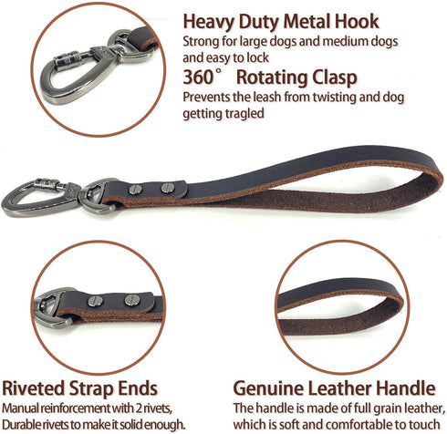 Genuine Leather Short Dog Lead, Heavy Duty Traffic Leash with Metal Hook, Handmade for Large Medium Dogs Training