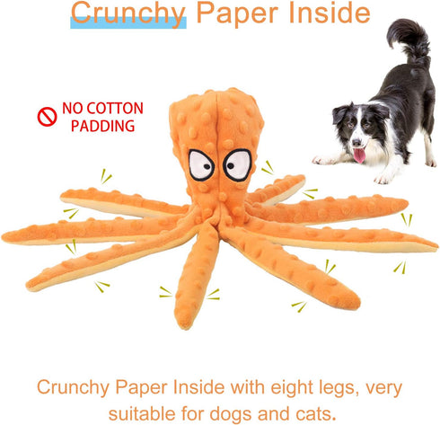 WishLotus Octopus Dog Chew Toy, No Stuffing Plush Squeaky Toy with Crinkle Paper for Small, Medium Dogs (Orange)