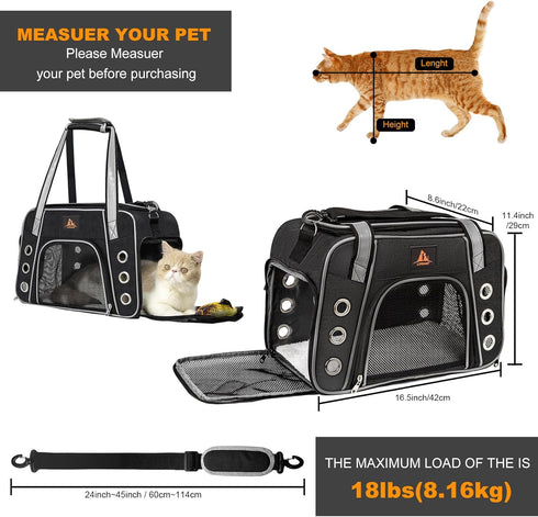 Lifeand Cat Carrier, Collapsible Soft Sided Pet Carrier for Large Medium Cats Under 18lb, Airline Approved