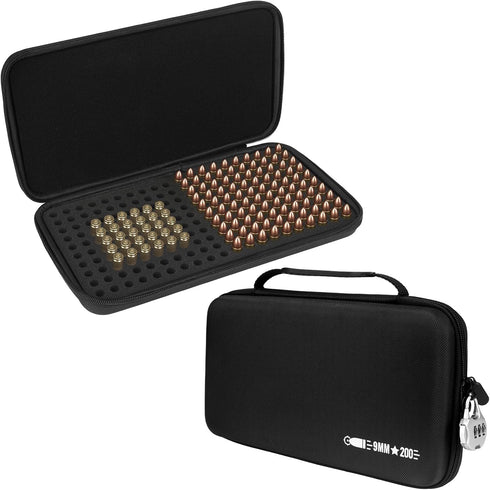 200 Round 9MM Ammo Case, Bullet Storage Box Compatible with 9mm Luger, 45 ACP, 380 ACP, Locking Travel Safe