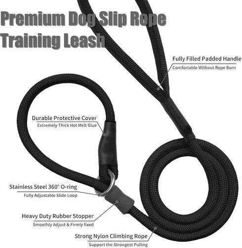 Strong Slip Rope Dog Training Leash (4ft) - 5pc Heavy Duty Durable Braided Nylon Lead with Rubber Stopper & Padded
