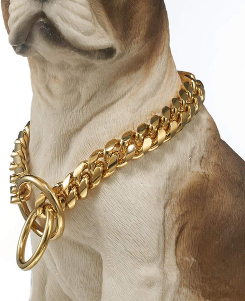18K Gold Plated Dog Chain Collar, Stainless Steel Cuban Link Choke Collar for Dog's Training, Daily Use (15mm, 14'')