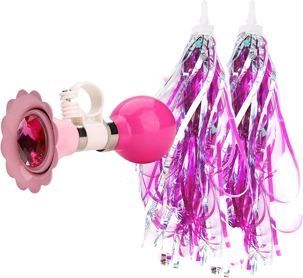 Kids Streamers and Bike Bell for Girls, 1 Pack Flower Bicycle Bell with 2 Pack Handlebar Streamers