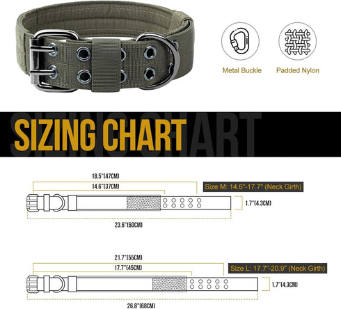 OneTigris Military Dog Collar with Metal D Ring & Buckle, Adjustable, 2 Sizes (Ranger Green, L)