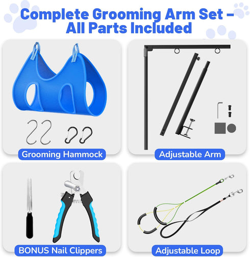 Hammock, 26"-38" 2 Dog Grooming Arm with Adjustable Foldable Grooming Table Arm with Clamp & No-Sit Holders, Heavy Duty