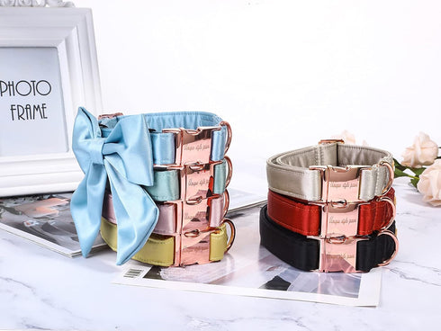 Unique Style Paws Silk Pink Dog Collar, Adjustable Durable Collar with Bow for Medium Dogs