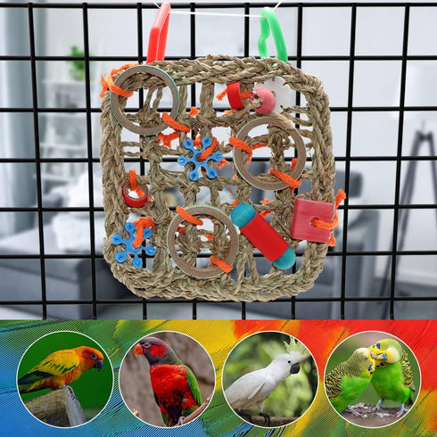 Wontee Hanging Bird Climbing Net for Parrot, Straw Braid Rope Foraging Wall Swing Toy for Budgie Cockatiel