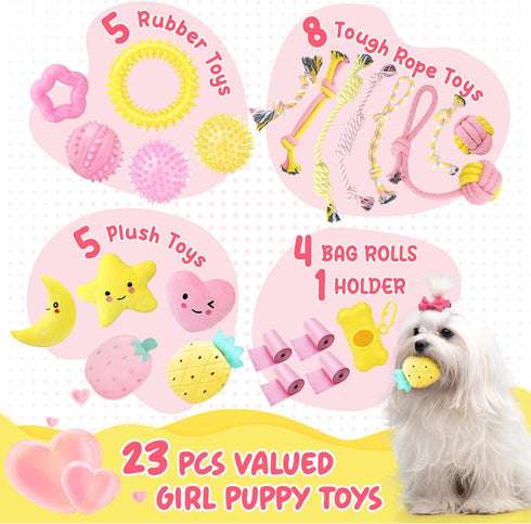 Pink Puppy Toys for Teething, 23 Pack of Interactive Chew Toys for Puppies, Cute Small Dog Toys