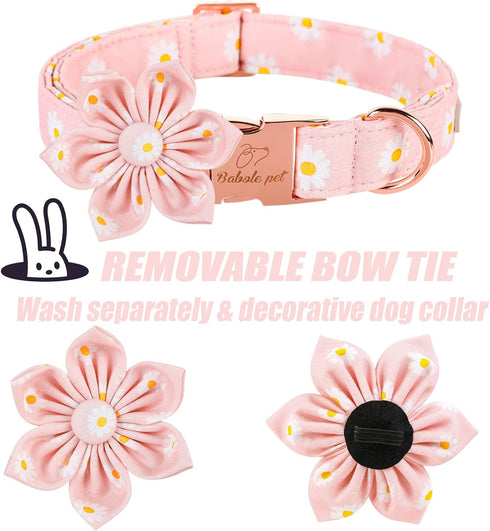 Adjustable Cotton Dog Collar with Pink Daisy Flower Tie, Safety Metal Buckle for Small Medium Large Dogs, Neck 10"-16"