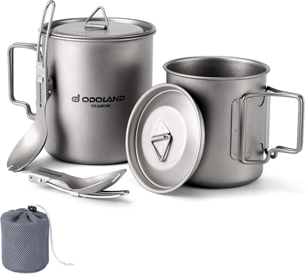 Odoland Titanium Camping Cookware Set: 420ML & 750ML Pot with Lid, Spork - Lightweight for Backpacking, Hiking, Picnic