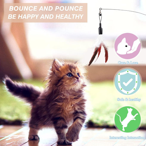 Pawaboo Feather Teaser Cat Toy, Interactive Wand with 34.5" Long Wand and Bell, Wine Red & White Feather
