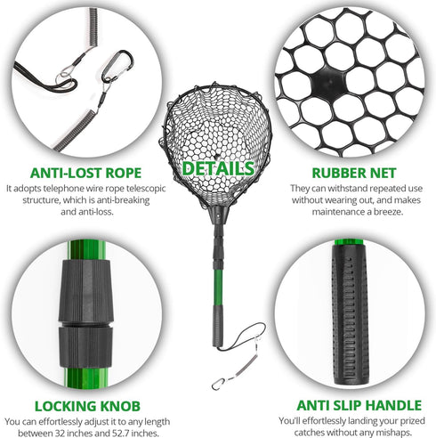 Telescoping Aluminum Alloy Fishing Net, Adjustable Length 32-52.7 Inches, Maximum Load 20 Pounds