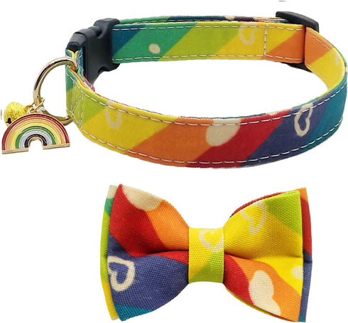 KUDES Adjustable Dog Collars with Bow Tie and Bells Charm for Small/Medium/Large Dogs and Cats (Rainbow, L(14"-22"))