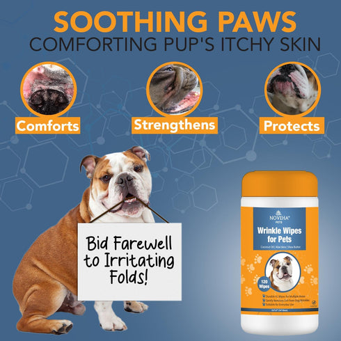 NOVEHA Wrinkle XL Wipes for Dogs | Wrinkle Wipes for Bulldog, French Bulldog, Pug, English Bulldog – Wipes for Multiple Areas Removes Dirt, Wrinkles, Folds, Tear Stain, Tail Pockets & Paws (120 Wipes)