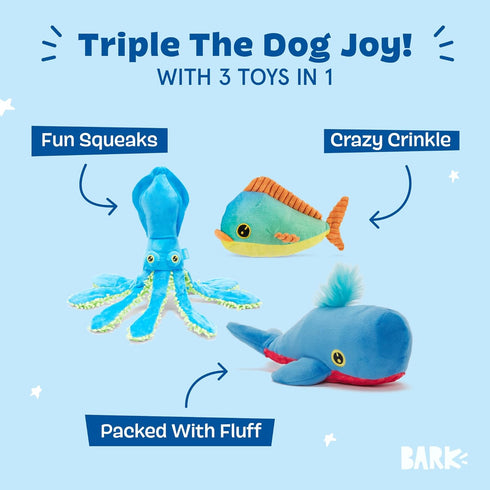 3 Barkbox Under The Sea Bundle - Toys for Medium and Large Dogs - Squeaky Dog Toy, Tug Toy, Plush Chew Toys - Maggie