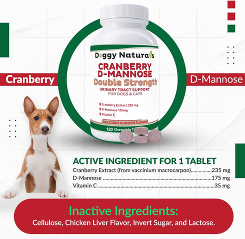 Cranberry D-Mannose for Dogs and Cats, Urinary Tract Infection Support, Double Strength Tablet, 120 Count