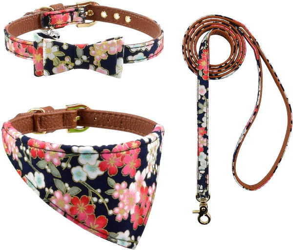 3PCS Bow Tie Dog Collar and Leash Set, Adjustable Plaid/Camo/Dots/Flower Bandanas with Bell for Small Dogs Puppies and