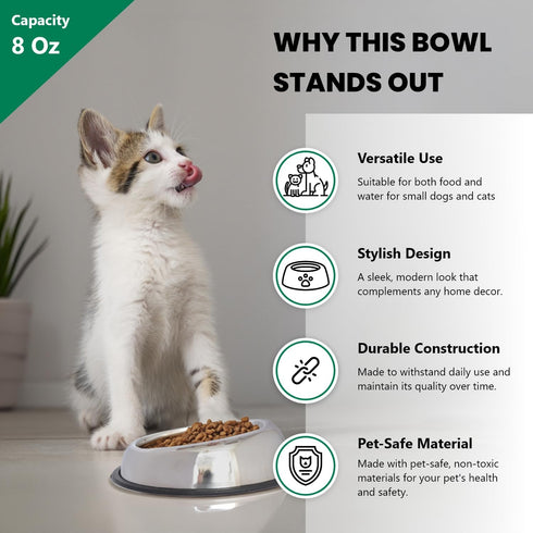 ICONIC PET 8 oz/ 1 Cup Heavy Weight Stainless Steel Elevated High Back Pet Food/Water Bowl with Removable Anti Skid Rubber Ring - Dog/Cat Feeding Bowl in Unique Design Is Dishwasher Safe, 92185