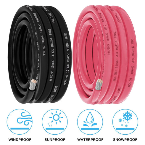NOVINO 10 10 10 10FT 10FT Black,10 Gauge Marine Wire AWG Marine Grade Wire Include Gauge Red & AWG Tinned Copper