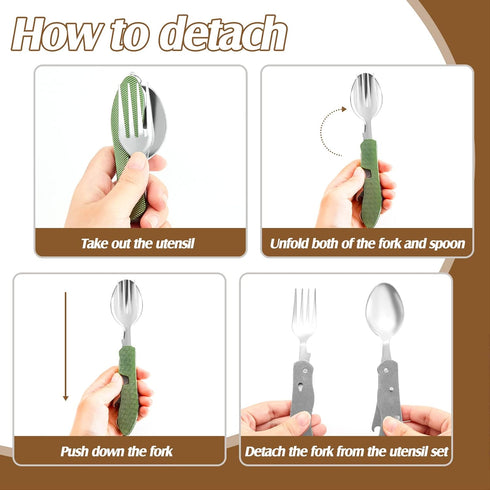 Folding Camping Utensils Cutlery Set, 4-in-1 Stainless Steel Spoon Fork Knife Bottle Opener, 5 Pcs, Red, Green, Black,