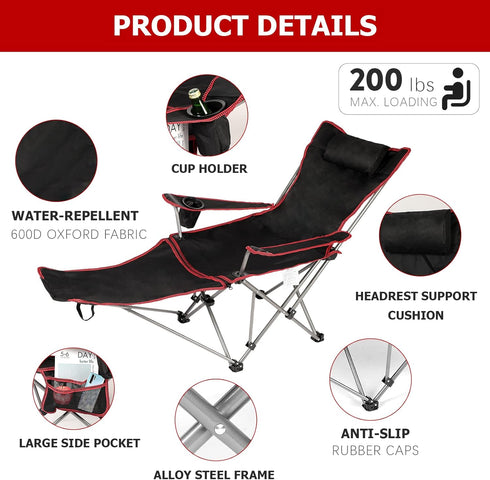 1-Pack, YSSOA Removable Footrest Reclining Camping Chair, Black