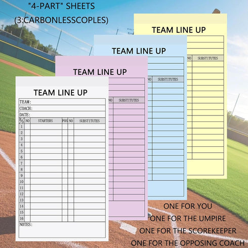 XUEJITECH 4-Part 150 16 Baseball/Softball Lineup Cards, Carbonless Copies with Tearing Line, Games with Player Roster