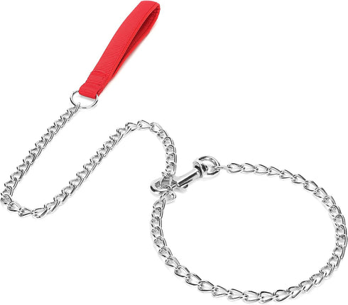 Metal Chain Heavy Duty Dog Leash, Chew Proof with Soft Handle for Large & Medium Pets, 4 ft. x 3.0 mm, Red