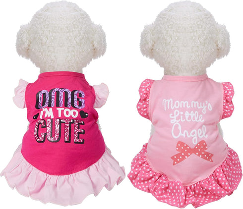 2 Pieces Dog Dresses for Cute Girl Dogs, Summer Clothes Apparel for Cats (OMG and Angel, Small)