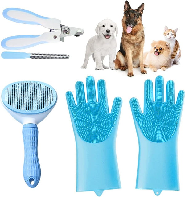 Bygytyo Pet Washing Bathing Grooming Gloves - 3 in 1 Hair Remover Brush and Nail Clippers Kit