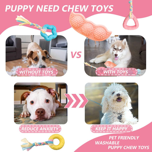 7 PCS Puppy Toys - Chew Toys for Teething Small Dogs 0-6 Months, Pink Rubber Rope Toys for Anxiety Relief