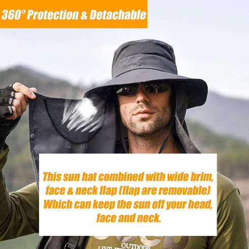 Fishing Hat for Men & Women, Outdoor Wide Brim Hat with UV Sun Protection, Face Cover & Neck Flap