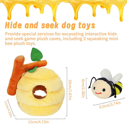 Whaline 4Pcs Bee Interactive Dog Toys for Boredom Bee Honey Pot Dog Toys Hide and Seek Puppy Toys Colorful Squeaky Dog Toy Puzzle Tough Chew Teething Soft Puppy Toy for Small Medium Large Dogs
