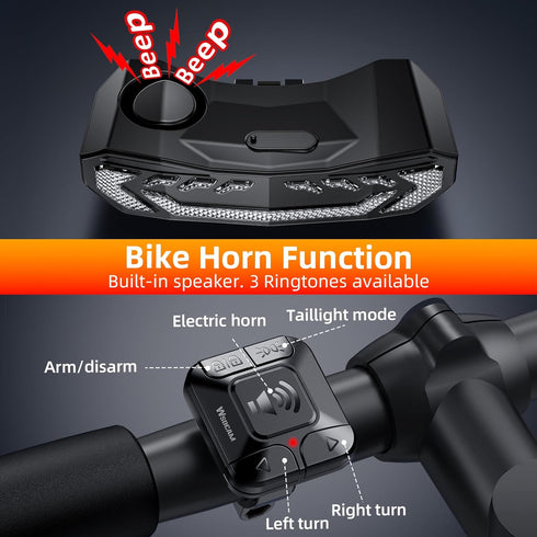 WSDCAM Bike Basket Tail Light, Turn Signals and Brake Light, Bike Alarm Horn with Remote, Rechargeable Rear Light