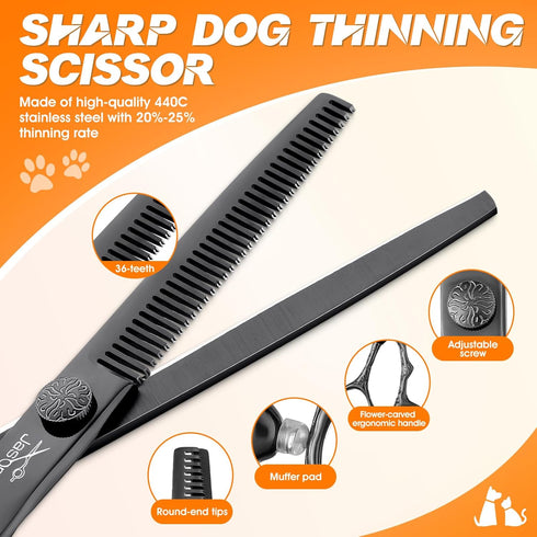 JASON Dog Grooming Scissors Set, Professional 6 in 1 Kit - 6.5" Thinning, 7" Straight, Curved Shears