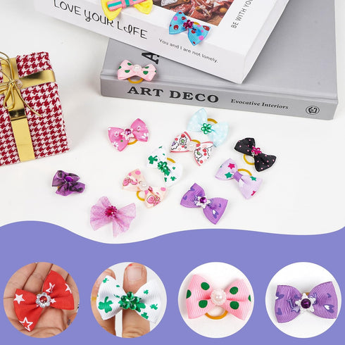 Chenkou Craft 100pcs Random Puppy Yorkie Dog Hair Bow with Rubber Band, Rhinestone Pet Grooming Accessories, Mix Colors