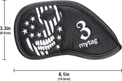 mytag Golf Skull Skeleton Head Cover - Black Leather Headcovers Set for Driver, Fairway Wood, Hybrid, Putter