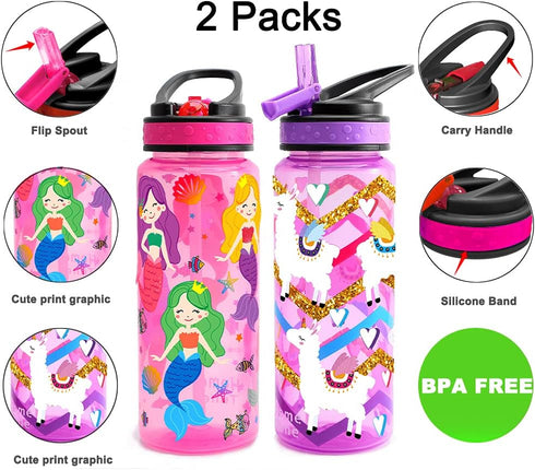 Home Tune Kids Water Drinking Bottle 2 Pack - 23oz, BPA Free, Leak-Proof, Cute Design for Girls & Boys