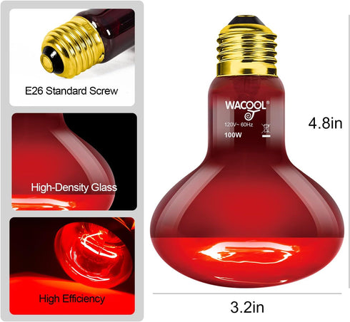 4 Pack Bulbs,100W Bulb (75, WACOOL Reptile Heat Lamp Infrared Basking Spot Light for Reptiles & Amphibians, Red Heat