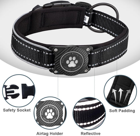 Airtag Dog Collar, Adjustable Nylon Pet Collar for Small Medium Large Heavy Duty Dogs, Waterproof Air Tag Holder,