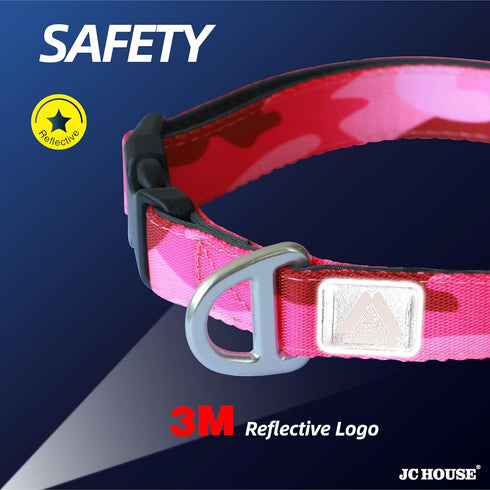 Soft Padded Dog Collar, Adjustable Heavy Duty Collar with 3M Reflective Logo, Camo Pink, Medium