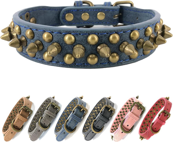 Spiked Anti-Bite Dog Collar, Bronze Round Studded, Blue, XS
