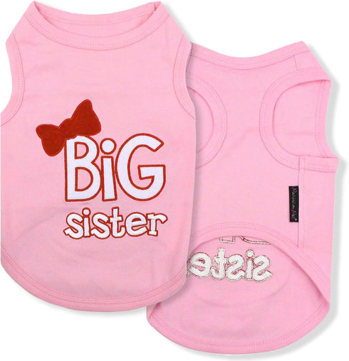 Parisian Pet Dog T-Shirt with 'Big Sister' Embroidery, Breathable Sleeveless Vest, Pink for Medium Dogs