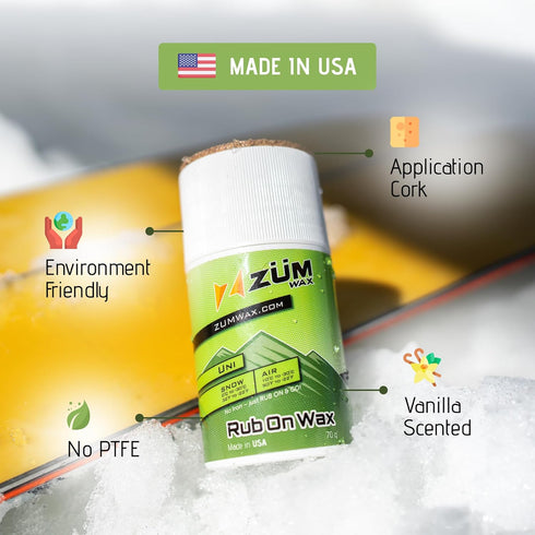 ZUMWax Rub-On Ski/Snowboard Wax, 70g, Any Temperature, Easy Cork Applicator, Made in USA