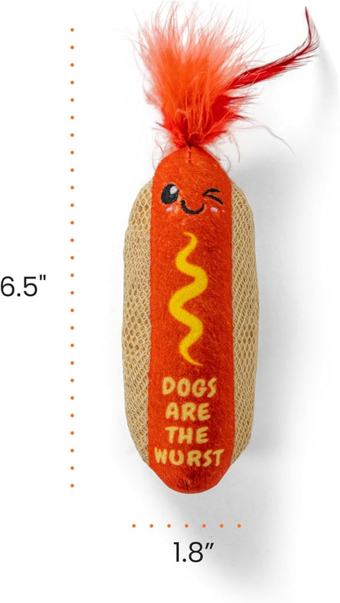 Catstages Hotdog Kicker Toy with Catnip and Dental Mesh, Hot Dog Shape, Plush and Feather Cat Toy for Kicking, Tossing