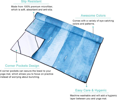 70"x26", QiyI Yoga Mat Towel with Corner Pockets, Non Slip Sweat Absorbent Hot Yoga Towels, Soft Yoga Blankets