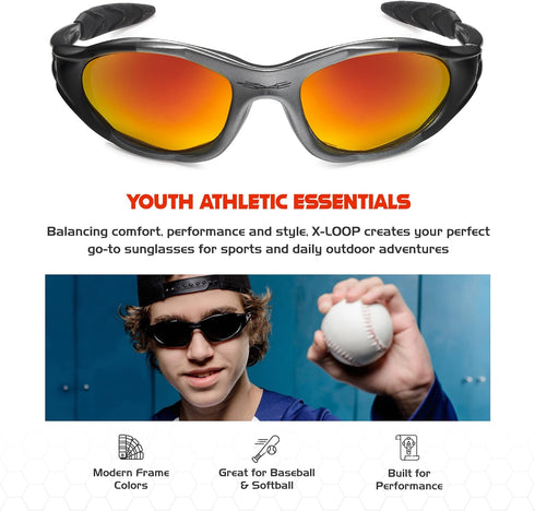 X LOOP Youth Polarized Sunglasses for Boys Kids Teens Age 8-16, Baseball Wrap Around UV400