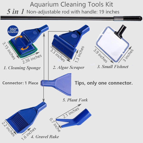 Aquarium Cleaning Tools Kit 5 in 1 Function for Long Deep Fish Tank, Including Algae Scrape, Cleaning Sponge, 3.9" Small Fishnet, Gravel Rake, Plant Fork