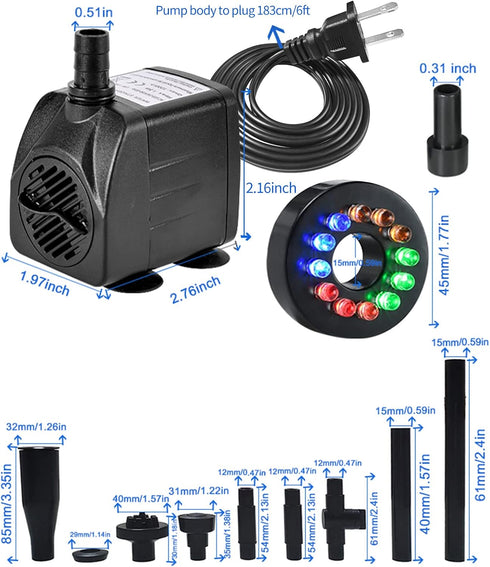 15W 1000L/H Submersible Fountain Water Pump - 12 Colorful LED Lights for Aquarium Fish Tank & Outdoor Fountain
